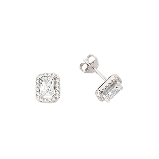 Silver Emerald Cut CZ Halo Stud Earrings - GVE351