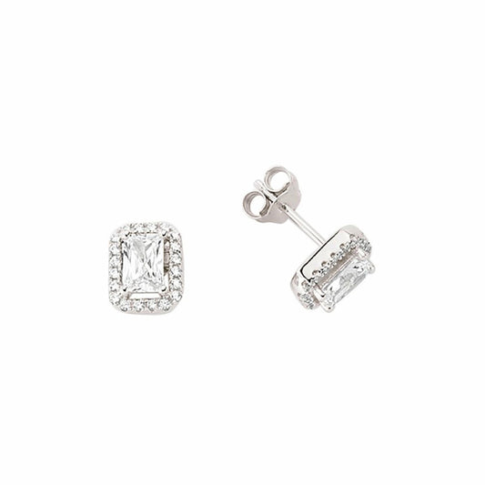 Silver Emerald Cut CZ Halo Stud Earrings - GVE351