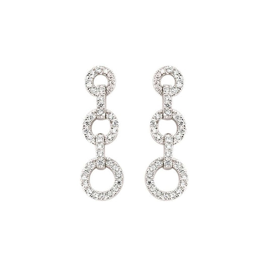 Silver CZ Trilogy Chain Drop Stud Earrings - GVE373