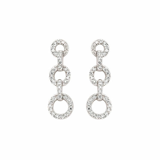 Silver CZ Trilogy Chain Drop Stud Earrings - GVE373