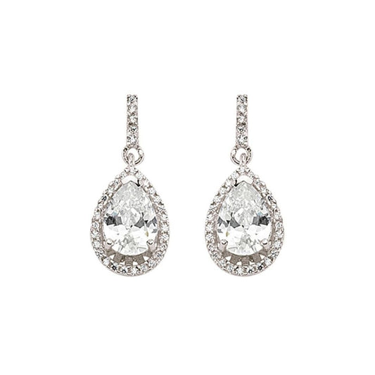 Silver Pear CZ Halo Tears of Joy Drop Earrings - GVE374
