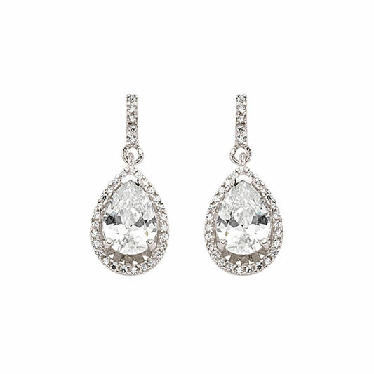 Silver Pear CZ Halo Tears of Joy Drop Earrings - GVE374