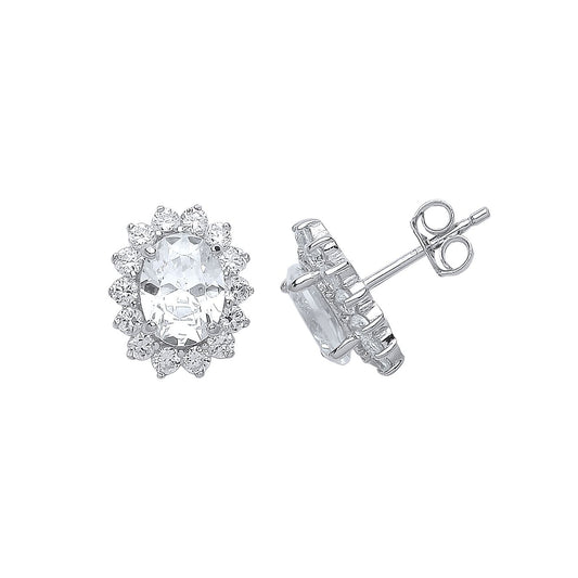 Silver Oval CZ Cluster Stud Earrings - GVE375
