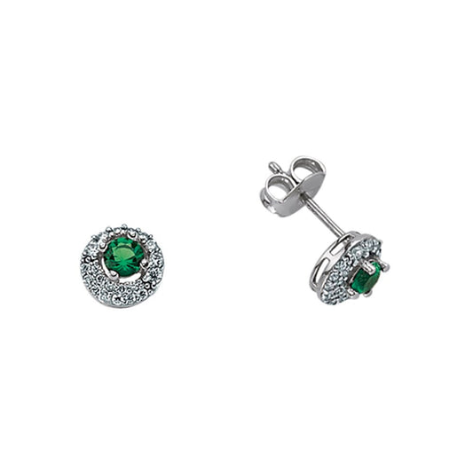 Silver Green CZ Halo Stud Earrings - GVE396EM
