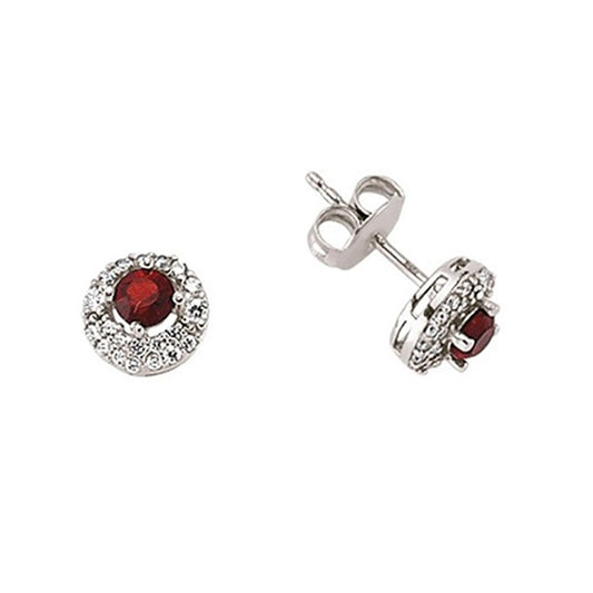 Silver Red CZ Halo Stud Earrings - GVE396RU