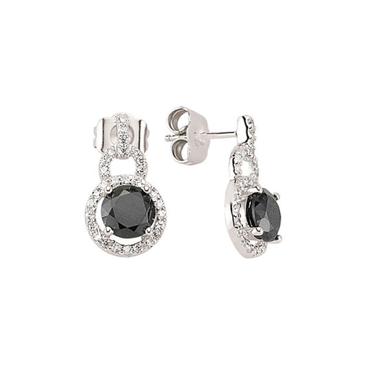 Silver Black CZ Halo Drop Earrings - GVE404BLK