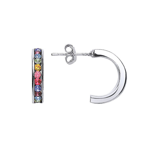 Silver Multi Colour CZ Rainbow Eternity Hoop Earrings 15mm - GVE415