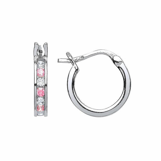 Silver Pink CZ Channel Set Eternity Hoop Earrings 12mm - GVE416-PINK