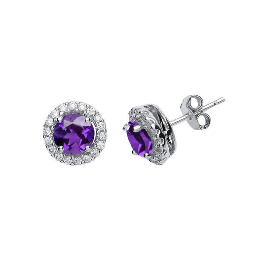925 Silver Purple CZ Round Halo Saturn Solitaire Stud Earrings - GVE419AM