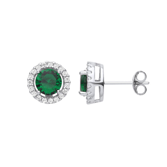 925 Silver Green CZ Round Halo Saturn Solitaire Stud Earrings - GVE419EM