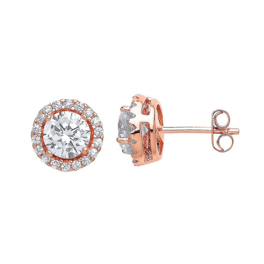 Rose Silver CZ Halo Solitaire Stud Earrings - GVE419RG