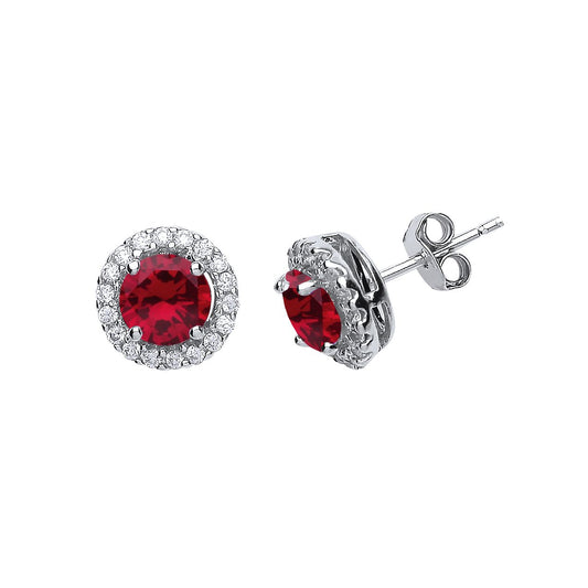 Sterling Silver Red CZ Round Halo Saturn Solitaire Stud Earrings - GVE419RUB