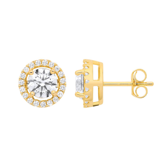 925 Sterling Silver CZ Round Halo Saturn Solitaire Stud Earrings - GVE419YG