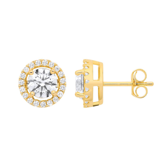 925 Sterling Silver CZ Round Halo Saturn Solitaire Stud Earrings - GVE419YG