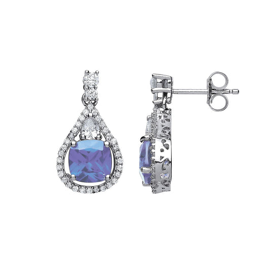 Silver Purple Cushion CZ Halo Teardrop Drop Earrings - GVE441TAN