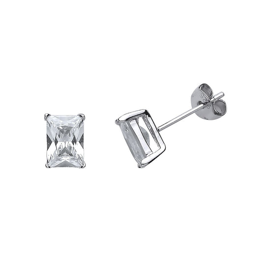 Silver Emerald Cut CZ Solitaire Stud Earrings - GVE488