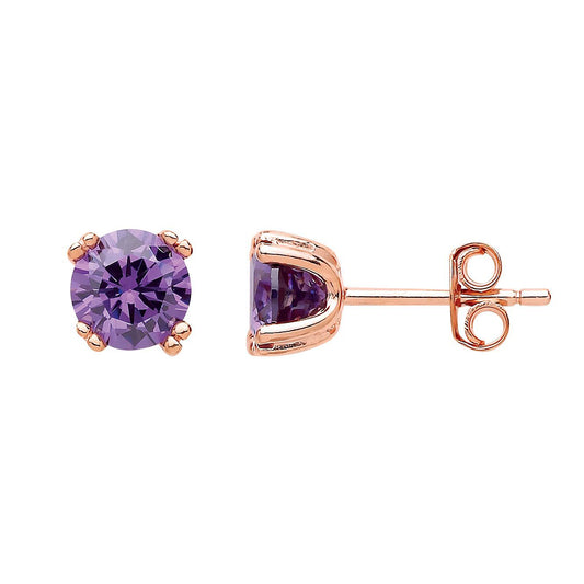 Rose Silver Purple CZ Double 4 Claw Solitaire Stud Earrings 6mm - GVE492AMY