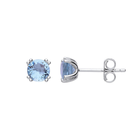 Silver Aqua Blue CZ Double 4 Claw Solitaire Stud Earrings 6mm - GVE492AQRH