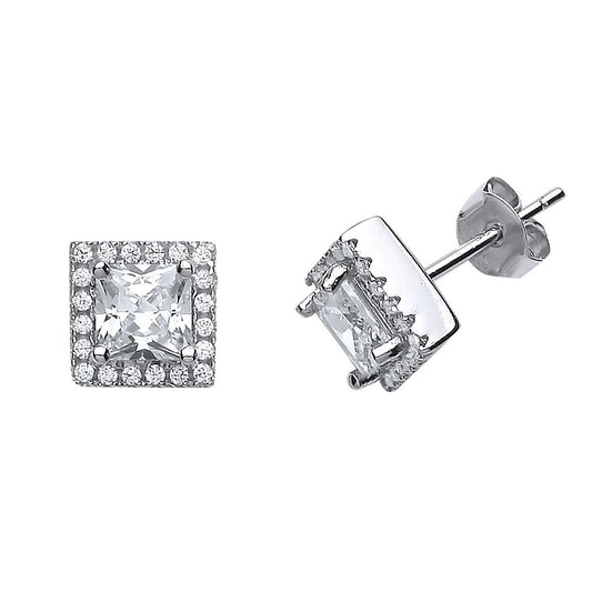 Silver Princess Cut CZ Halo Stud Earrings - GVE505
