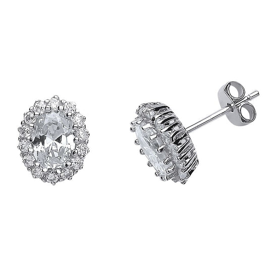 Silver Oval CZ Halo Stud Earrings - GVE508