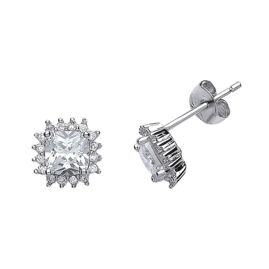 Silver Cushion CZ Halo Stud Earrings - GVE509