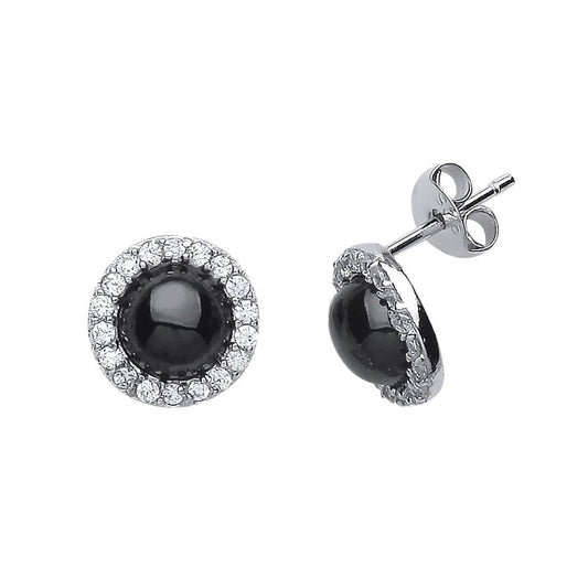 Silver Black Onyx CZ Halo Stud Earrings - GVE511