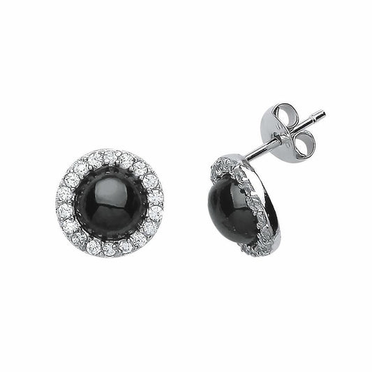 Silver Black Onyx CZ Halo Stud Earrings - GVE511