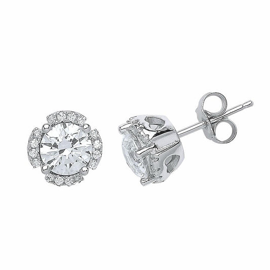 Silver CZ Split Halo Stud Earrings - GVE530