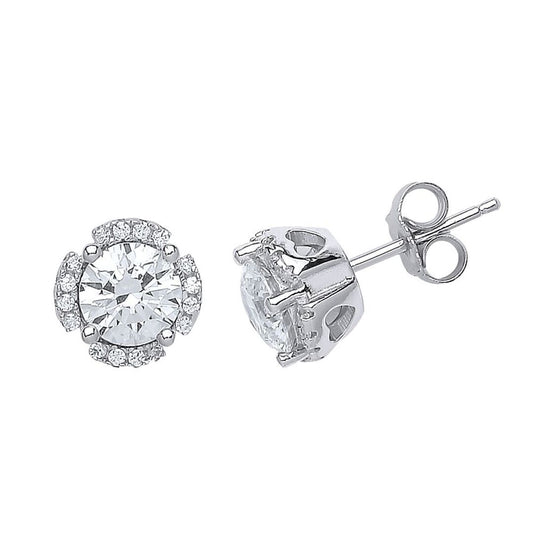 Silver CZ Split Halo Stud Earrings - GVE530
