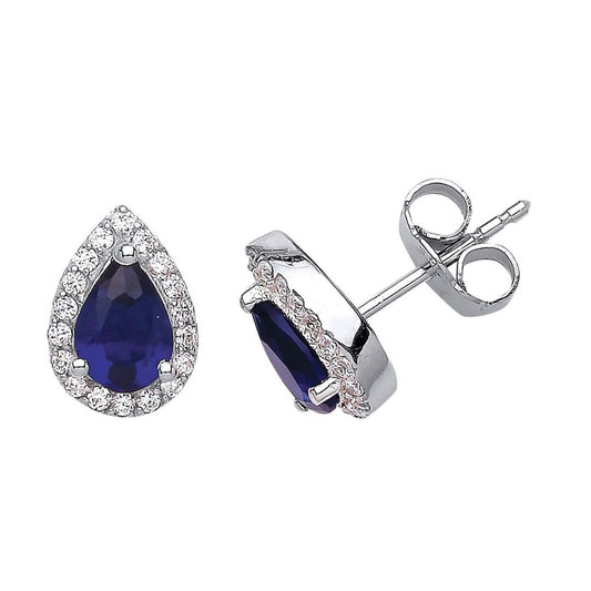 Silver Blue Pear CZ Halo Tears of Joy Stud Earrings - GVE534