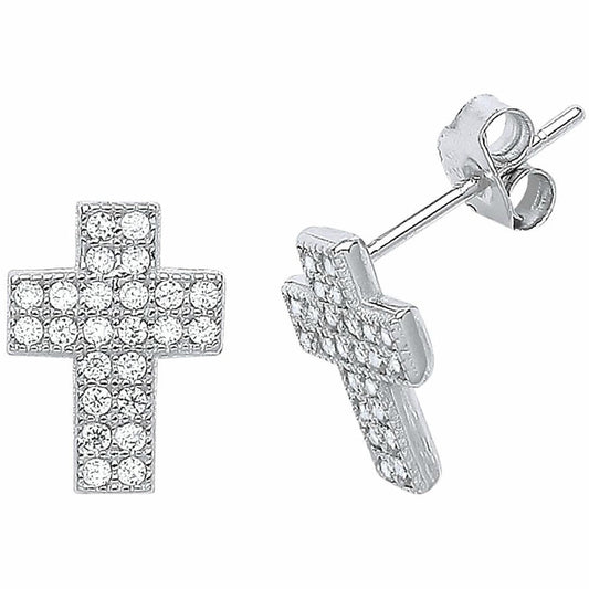 Silver CZ Pave Cross Stud Earrings - GVE538