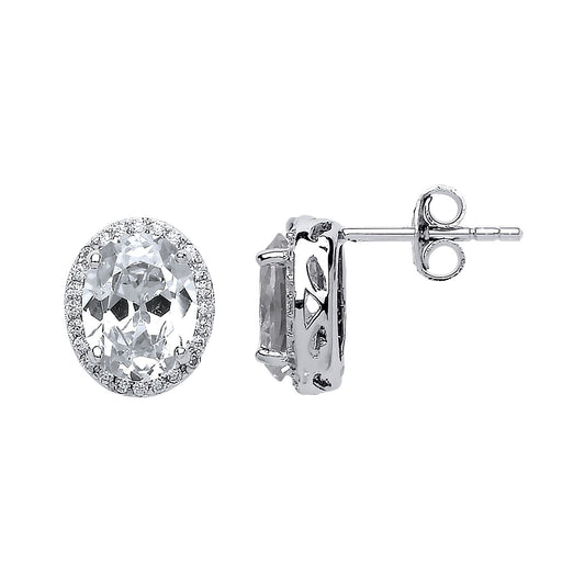 Silver oval CZ Oval Halo Cluster Stud Earrings - GVE545