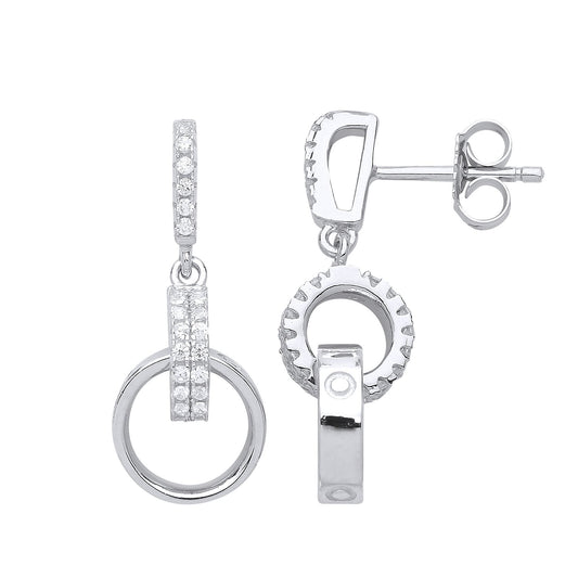 Silver CZ Linked Hoop Loop Drop Earrings - GVE577