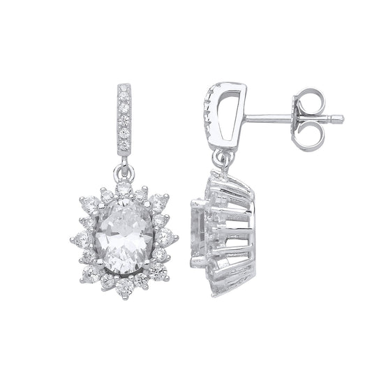 Silver oval CZ Sunshine Cluster Solitaire Drop Earrings - GVE583