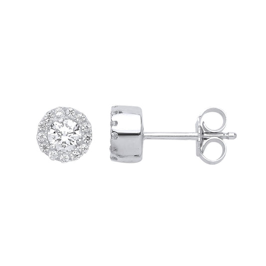 Silver CZ Halo Solitaire Stud Earrings - GVE584