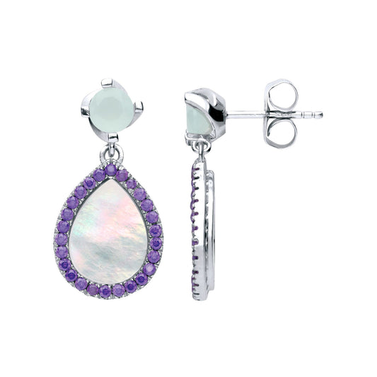 Silver Purple pear Mother Pearl Halo Tears of Joy Drop Earrings - GVE623