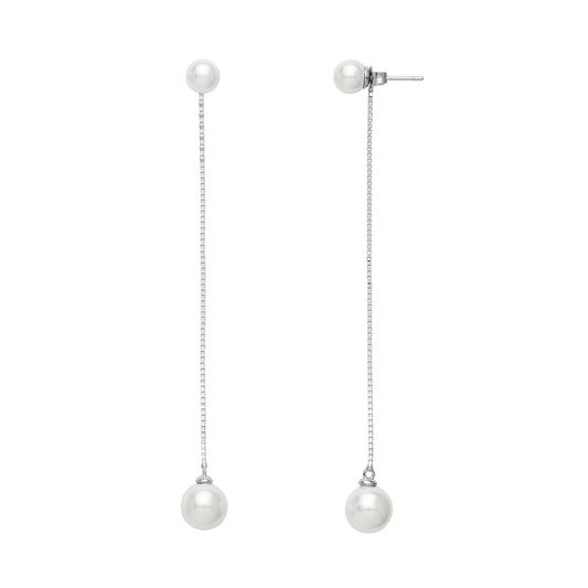 Silver Simulated Pearl Long Chain Drop Earrings 6-8mm 85mm - GVE643