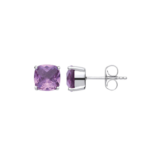 Silver Purple Cushion CZ Checkerboard Stud Earrings - GVE650AMY