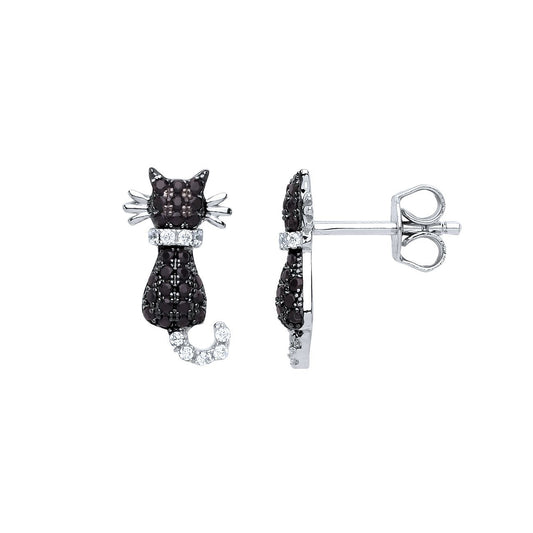 Silver Black CZ Kitty Cat Stud Earrings - GVE655