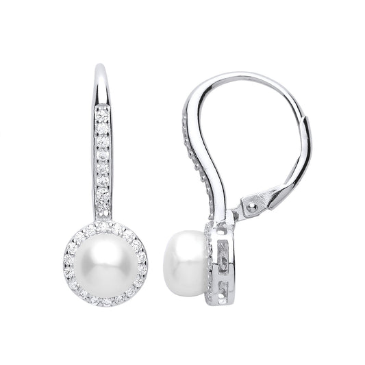 Silver CZ Pearl Eternity Halo Drop Earrings 9mm - GVE663