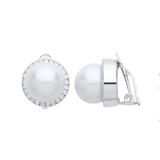 Silver CZ Pearl Full Moon Halo Clip-on Earrings 12mm - GVE665
