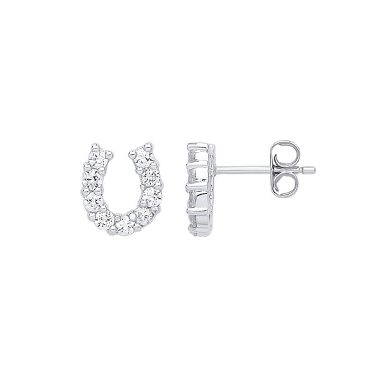 Silver CZ Lucky Horseshoe Stud Earrings - GVE666