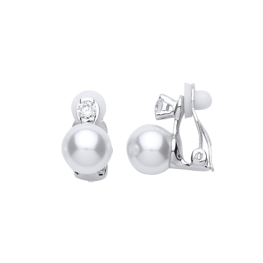 Silver CZ Pearl Full Moon Solitaire Clip-on Drop Earrings 9mm - GVE668