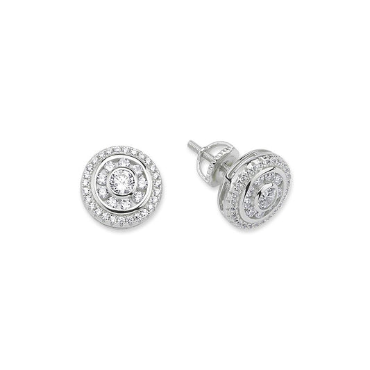 Silver CZ Solitaire Halo Cluster Stud Earrings - GVE675