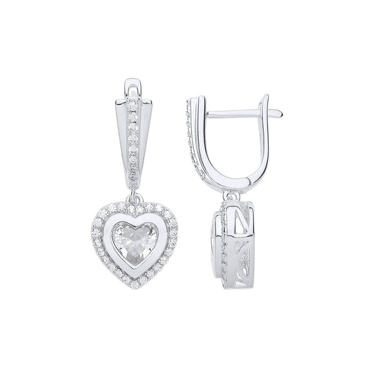 Silver CZ Halo Love Heart Drop Earrings - GVE690