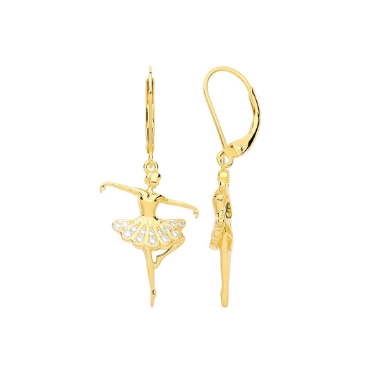 Gilded Silver CZ Ballerina Ballet Dancer Drop Earrings - GVE691