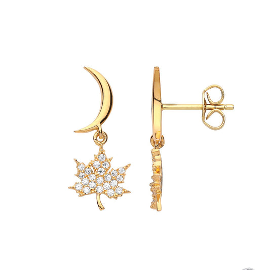 Gilded Silver CZ Canada Maple Leaf Drop Earrings - GVE696