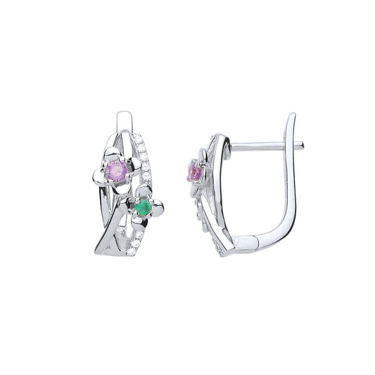Silver Pink & Green CZ Duo Flower Petal Drop Earrings - GVE698