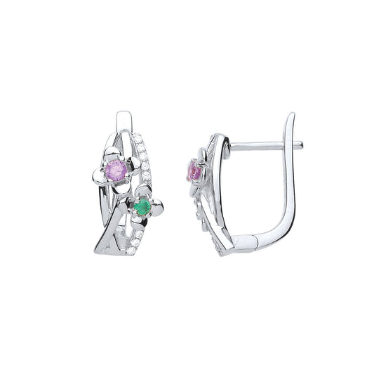 Silver Pink & Green CZ Duo Flower Petal Drop Earrings - GVE698
