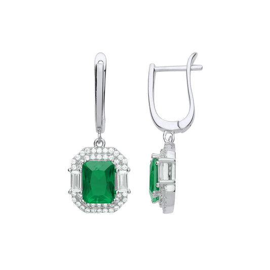 Silver Green Radiant CZ Octagon Football Stadium Drop Earrings - GVE700EM
